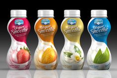 three bottles of yogurt and smoothie are shown in this 3d rendering image