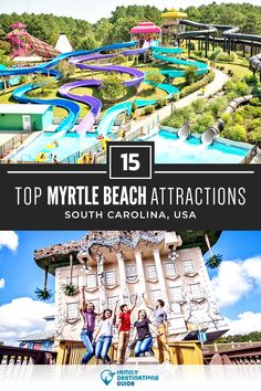 the top 15 water parks in south carolina, usa with text overlaying it