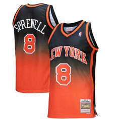 an orange and black basketball jersey with the number 8 on it, which reads'new york