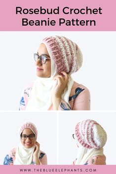 the rosebud crochet beanie pattern is shown in three different ways