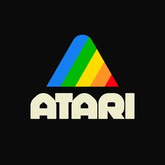 the word atari written in white on a black background with a rainbow triangle logo