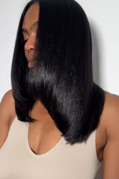 Black Silk Press Natural Hair, Jet Black Hair Black Women Natural, Silk Press Shoulder Length Hair, Jet Black Silk Press, Black Hair Silk Press, Best Hair Color Ideas, Color Ideas For Black Women, The Best Hair Color, Wavy Hair Overnight