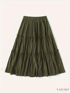 Lasaky - Premium High-waisted Midi Skirt with Chic Lettuce Trim, Exquisite Apparel for Sophisticated Women Green Skirt Outfits, Dark Green Skirt, Long Green Skirt, Colorful Skirts, Skirts Midi High Waisted, Women Skirts, Layer Dress, Layered Skirt, Green Skirt