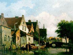 a painting of some buildings and boats in the water