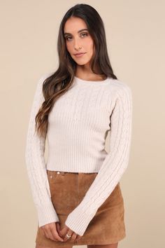 You'll impress the cuties all autumn long in the Lulus Cozy Aim Beige Cable Knit Ribbed Sweater Top! Soft and stretchy cable knit shapes long, raglan-style sleeves and a crew neckline. Bodice boasts a fitted effect, thanks to a ribbed knit texture that creates a sweetheart effect across the bodice. Lightly cropped hem completes the look. Fit: This garment fits true to size. Length: Size medium measures 18.75" from shoulder to hem. Bust: Great for any cup size. Waist: Fitted - stretchy fabric all Casual Formal Dresses, Lulu Fashion, Knit Texture, Casual Wedding Dress, Beige Top, Tops Fall, Cable Knit Sweater, Cup Size, Ribbed Sweater