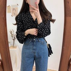 Korean Casual Outfits, Office Outfits Women, Polka Dot Shirt, Korean Girl Fashion, Ulzzang Fashion, Chiffon Blouse, Korean Outfits, Womens Casual Outfits, Plus Size Blouses