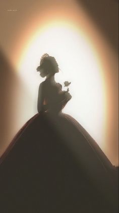 the silhouette of a woman in a dress is shown against a bright background with sunbeams