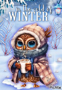 an owl is drinking from a cup in the snow, while wearing a hat and scarf