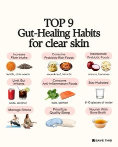 This post highlights the "Top 9 Gut-Healing Habits for Clear Skin." It suggests: 1. Increasing fiber with foods like lentils and chia seeds. 2. Eating probiotic-rich foods like sauerkraut and kimchi. 3. Incorporating prebiotics like onions and bananas. 4. Avoiding gut irritants such as soda and alcohol. 5. Consuming anti-inflammatory foods like kale and salmon. 6. Staying hydrated with 8-10 glasses of water. 7. Managing stress through activities like yoga. 8. Prioritizing quality sleep. 9. Nourishing with bone broth.  #guthealth #clearskin #healthygut #skincaretips #probiotics #prebiotics #antiinflammatory#healthyeating #bonebroth #stressmanagement #healthylifestyle #glowingskin #guthealing #nutritiontips #holistichealth #wellnessjourney #healthyhabits Credit:@jill_therese_ on Instagram Habits For Clear Skin, Healing Habits, Glasses Of Water, Gut Health Recipes, Resep Diet, Quality Sleep, Healthy Lifestyle Food, Clearer Skin, Gut Healing