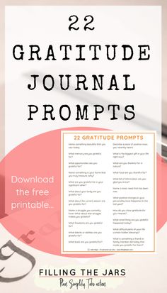 the text reads 22 gratitude journal prompts with scissors and paper on top