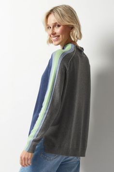 Introducing the Zaket & Plover Contrast Funnel Neck pullover, featuring unique colour block design and striped sleeve detail. Plus, with a 95% cotton and 5% cashmere blend, this sweater is both comfortable and luxurious. Beatriz Ball, Striped Sleeve, Block Design, Mock Neck Sweater, Colour Block, Baby & Toddler Clothing, Funnel Neck, Sweater Blouse, Sleeve Detail