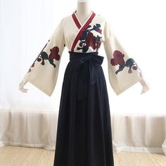 ❤Japanese Flower Print Kimono Shirt + Ribbon Hakama-Style Skirt❤ Red Long Skirt, Gaun Abad Pertengahan, Long Skirt And Top, Rose Flower Print, Short Black Skirt, Kimono Shirt, Mode Kimono, Style Kawaii, Floral Print Kimono