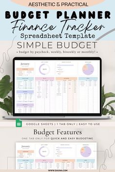 a laptop computer sitting on top of a desk with the text budget planner, finance tracker and spreadsheet template