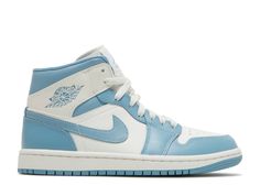 Wmns Air Jordan 1 Mid 'University Blue' - Air Jordan - BQ6472 141 - sail/sail/worn blue | Flight Club Air Jordan 1 Mid Unc, Jordan 1 Mid University Blue, Jordan 1 Mid Unc, Nike Azul, Jordan 1 Mids, Carolina Do Norte, Wmns Air Jordan 1, Blue Jordans, Preppy Shoes