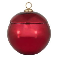 a shiny red ball ornament with a gold ring on the top and bottom