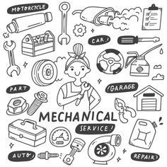 hand drawn mechanical service and repair icons in black and white colors on a white background