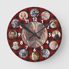 a red and black clock with pictures of people on it's face in the center