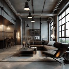 a living room filled with lots of furniture next to tall windows and large windows on the wall