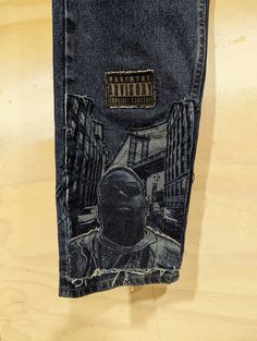 Customized Denim Jeans ( B.I.G Brooklynn Tribute) - Triple Applique Patchwork - Laser Engraving Finish - Stonewash 100% Cotton Relaxed Fit 33W x 32L Medium Wash Straight Leg Jeans With Graphic Print, Denim Blue Graphic Bottoms For Streetwear, Reworked Denim Jeans For Streetwear, Streetwear Reworked Denim Jeans, 90s Rigid Denim Jeans For Streetwear, 90s Style Rigid Denim Jeans For Streetwear, Dark Wash Graphic Print Bottoms For Streetwear, Reworked Denim Blue Jeans For Streetwear, Reworked Medium Wash Jeans For Streetwear