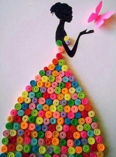 a woman is standing on top of a pile of buttons with a butterfly flying above her