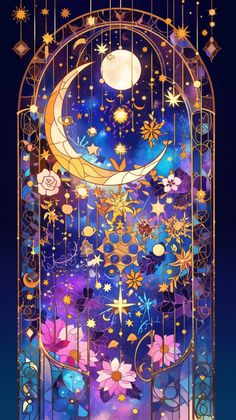 a painting of a moon and stars in a cage with flowers on the outside wall