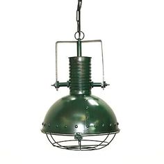 an old fashioned green light fixture hanging from a chain on a white background with clippings