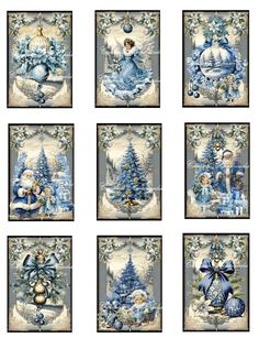 twelve christmas cards with blue and white decorations