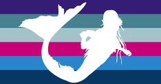 the silhouette of a mermaid with long hair on top of a rainbow colored striped background