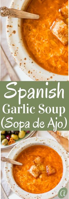 spanish garlic soup in a white bowl with spoons