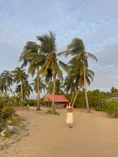 a woman standing on top of a sandy beach next to palm trees and a hut