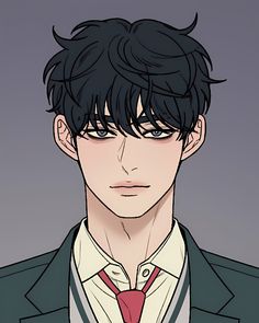 an anime character with black hair wearing a suit and red tie, looking at the camera