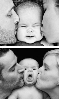 a man and woman kissing their baby while he is holding the baby's face