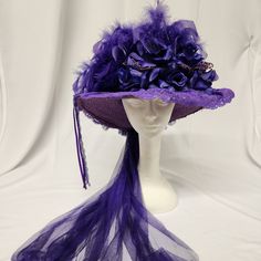 Original Vintage Elsie Massey Victorian Touring Hat Ladies Classic Purple Purple Satin Pleated Top With Silky Large Purple Roses In Front Accented With Purple Pearls, Purple Feathers And A Purple Ribbon And Lace Bow On The Side. Finished Off With A Purple English Netting Train On The Back. 4.25" Brim, 5" Tall, 21.5" Interior Em532pu Purple Feathers, Purple Feather, Pleated Top, Pleat Top, Purple Pearl, Purple Ribbon, Purple Satin, Lace Bows, Book Decor