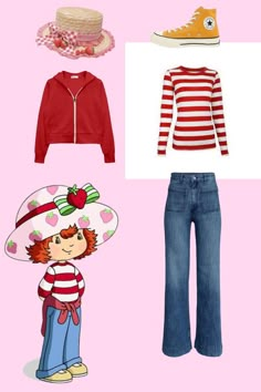 four different outfits and hats on a pink background, including a red jacket, striped shirt, blue jeans, yellow boots, and straw hat