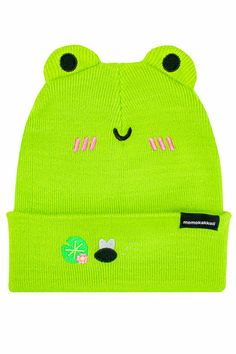 a neon green beanie with black eyes and ears