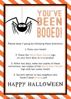 an orange and white striped halloween card with a spider on it's back, saying you've been booed