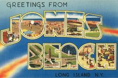 an old postcard from jones beach, long island ny shows people on the beach and rainbow in the sky