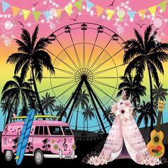 a pink van parked in front of a ferris wheel next to a beach with a surfboard