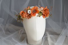 ❤Stunning bridal flower crown, headpiece, floral comb, and flower wreath, created with real touch of burnt orange rose, and other Terracotta Flowers in super high quality.  The flower crown with natural twine.  Perfect for a wedding, style photoshoot, or birthday party. *Please expect a bit of variation in your crown, since they are handmade the placement and appearance will vary slightly. ❤Packaging We will pack your flowers very carefully to ensure they will be delivered safely and in perfect Terracotta Flowers, Bohemian Crown, Burnt Orange Wedding, Autumn Bridal, Flowers Crown, Burnt Orange Weddings, Crown Headpiece, Rose Flower Crown, Wedding Hair Wreath