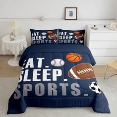 a bed room with a neatly made bed and sports themed comforter sets on it