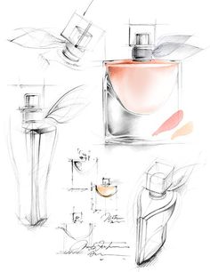 sketches of different types of perfumes and their packaging designs are shown in this image