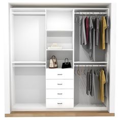 an open white closet with clothes and handbags