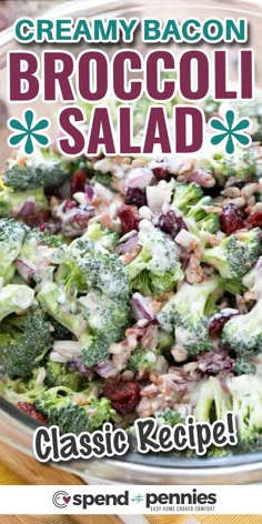 broccoli salad with cranberries and onions in a glass bowl