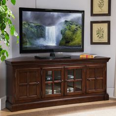 a flat screen tv sitting on top of a wooden entertainment center next to a plant