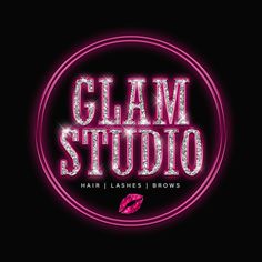 the logo for glam studio hair lashes and brows, which is featured in pink