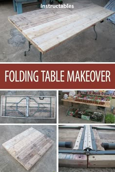 folding table makeover from pallet boards and other woodworking projects with text overlay that reads folding table makeover