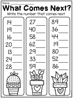 what comes next? worksheet for kids with numbers and plants in pots on them