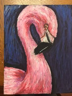 a painting of a pink flamingo with a crown on it's head, in front of a dark blue background