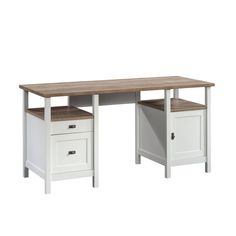 an office desk with two drawers and a shelf on one side, in white and oak