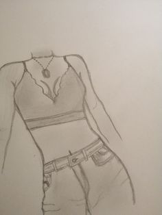 a pencil drawing of a woman's shirt and shorts with a necklace on her neck